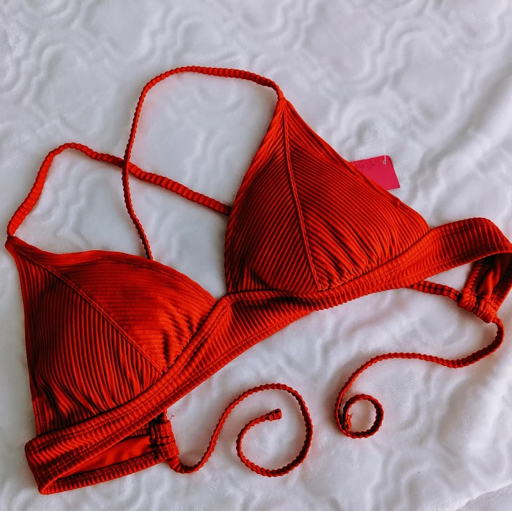 XHILARATION Ribbed Orange TieBack Bikini Top NWT L